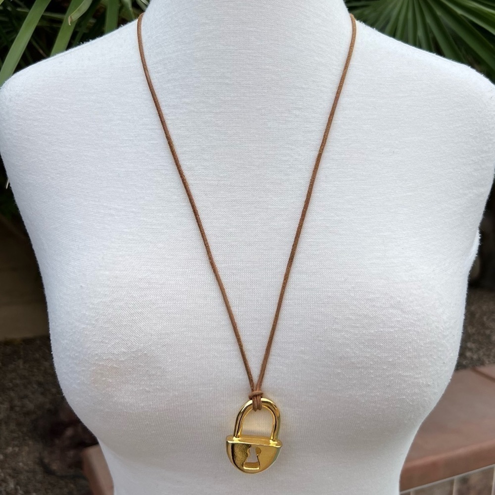 GOLD TONE Locket Necklace on Leather Cord - Picture 4 of 5